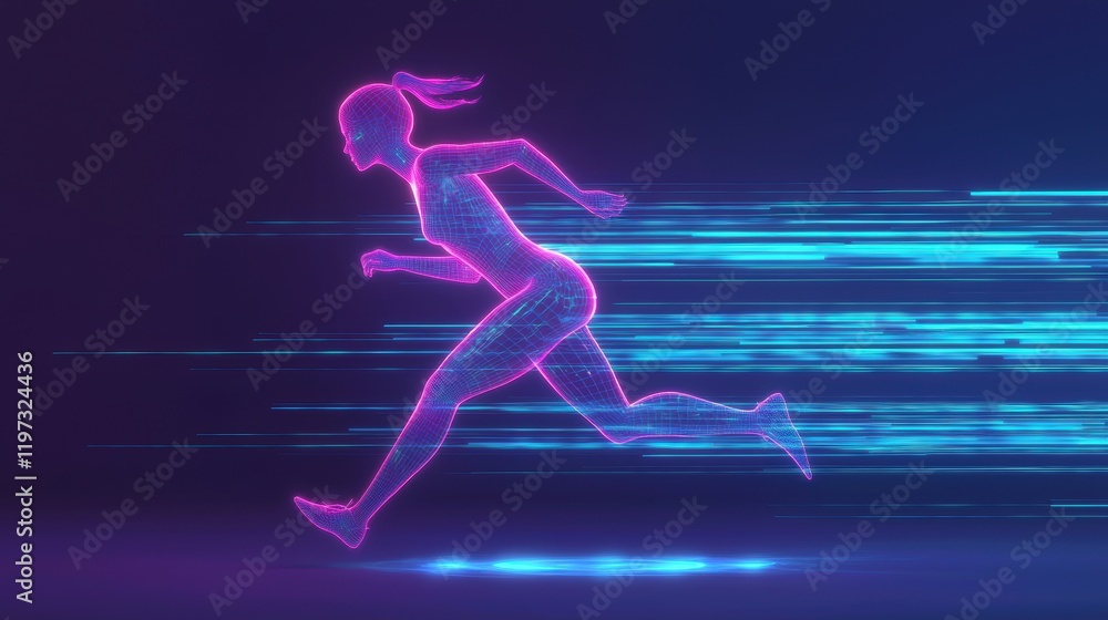 Dynamic Neon Silhouette of a Woman Running in a Futuristic Style Dynamic Neon Silhouette of a Woman Running in a Futuristic Style