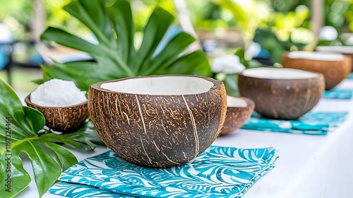 Coconut Bowls on Tropical Table Setting photo