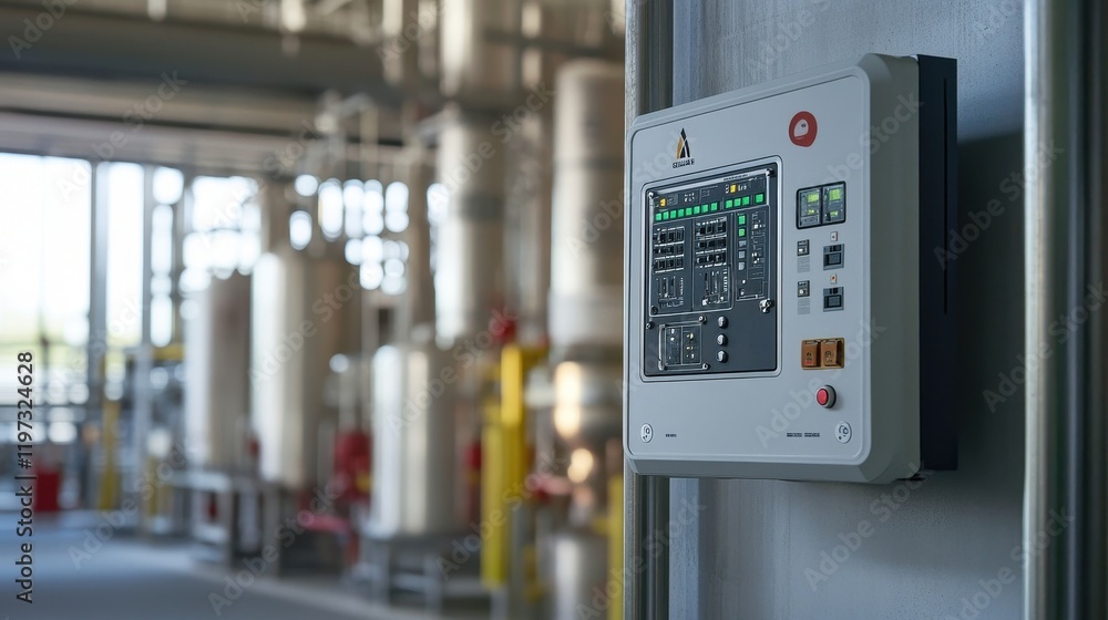 Tightly focused view of a fire alarm panel in an industrial facility, with chemical processing units visible in the background. Tightly focused view of a fire alarm panel in an industrial facility, with chemical processing units visible in the background.