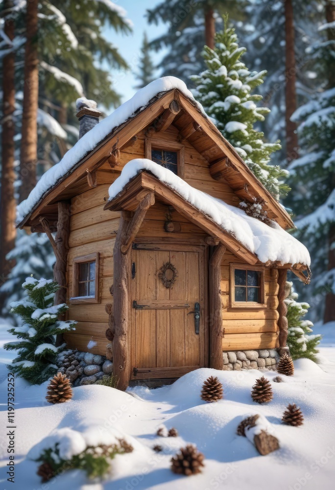A spruce branch wrapped around the base of a small wooden house with a snow-covered roof and a few pinecones scattered around the door , snow-covered roof, holiday theme A spruce branch wrapped around the base of a small wooden house with a snow-covered roof and a few pinecones scattered around the door , snow-covered roof, holiday theme