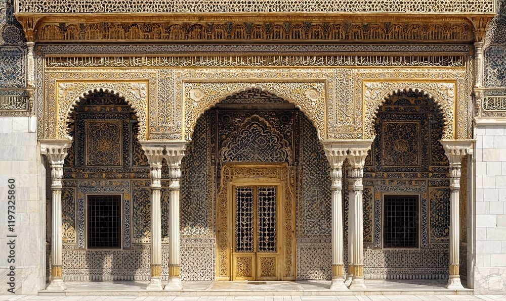 Ornate Moorish palace facade with arches, columns, and intricate tilework in Mediterranean sunlight Ornate Moorish palace facade with arches, columns, and intricate tilework in Mediterranean sunlight