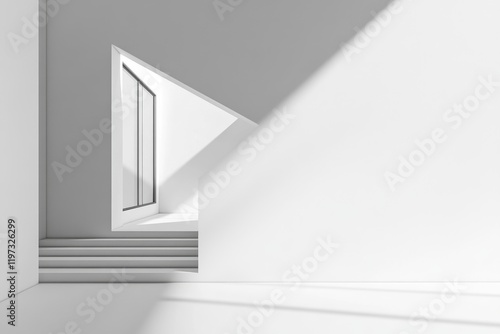 This image showcases a sleek, minimalistic stairwell with a triangular window that casts an interesting shadow on the steps. photo