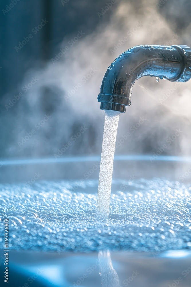 Steaming Hot Water Flowing from Chrome Faucet into Sink, Creating Bubbles Home Spa Concept Steaming Hot Water Flowing from Chrome Faucet into Sink, Creating Bubbles Home Spa Concept
