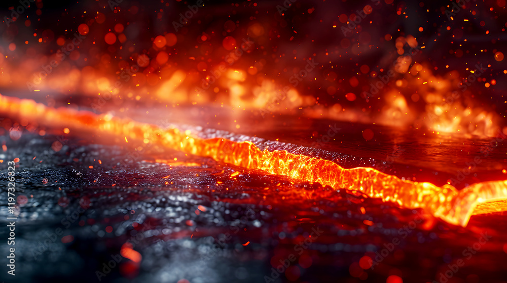 Fiery Lava Flow Glowing Brightly with Embers and Smoky Background Fiery Lava Flow Glowing Brightly with Embers and Smoky Background