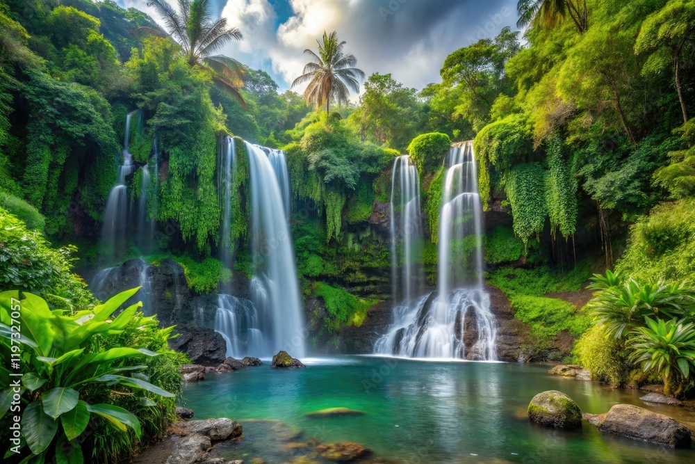 A stunning waterfall scene showcasing cascading waterfalls surrounded by lush greenery and tropical plants, forest, tropical, scenery, foliage A stunning waterfall scene showcasing cascading waterfalls surrounded by lush greenery and tropical plants, forest, tropical, scenery, foliage