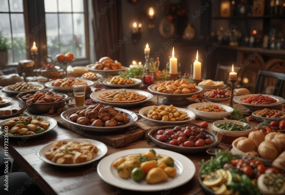 A sumptuous feast on a long table with plenty of food and drink, holiday, celebration A sumptuous feast on a long table with plenty of food and drink, holiday, celebration