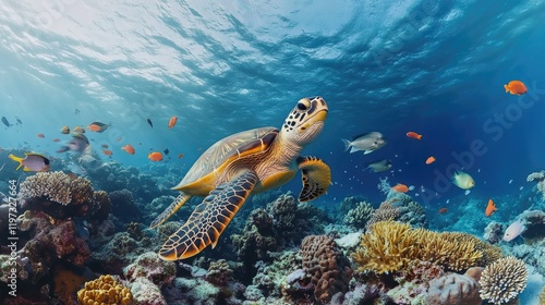 Fototapeta Naklejka Na Ścianę i Meble -  This image captures a vibrant underwater scene featuring a sea turtle and various tropical fish. The coral reef is rich with life, including the turtle and numerous species