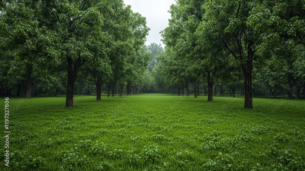 Lush Green Grass Field with Towering Trees in the Background Under a Clear Blue Sky Creating a Peaceful and Inviting Natural Landscape Scene Lush Green Grass Field with Towering Trees in the Background Under a Clear Blue Sky Creating a Peaceful and Inviting Natural Landscape Scene