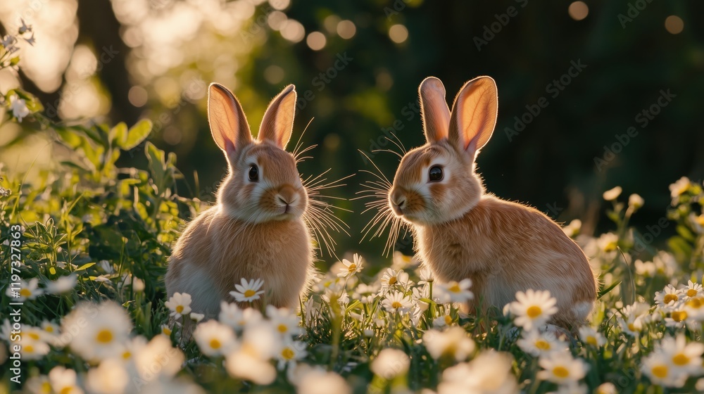 Two playful rabbits explore a blooming meadow during golden hour in early spring Two playful rabbits explore a blooming meadow during golden hour in early spring