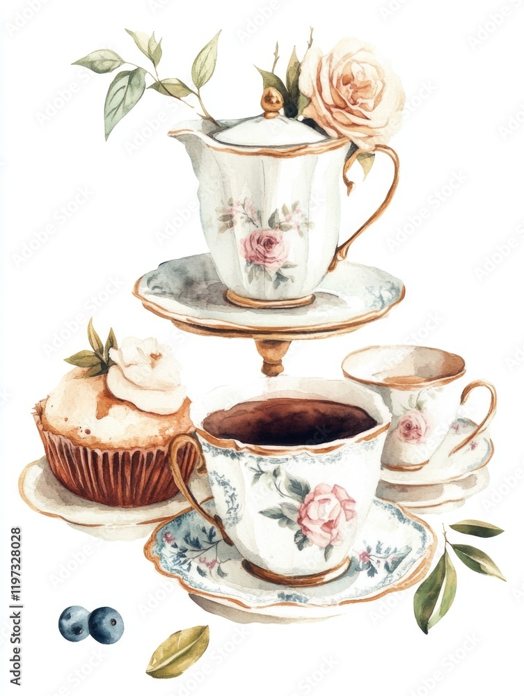 Fototapeta premium A tea set with a cupcake, tea pot and blueberries. Perfect for an afternoon tea party.