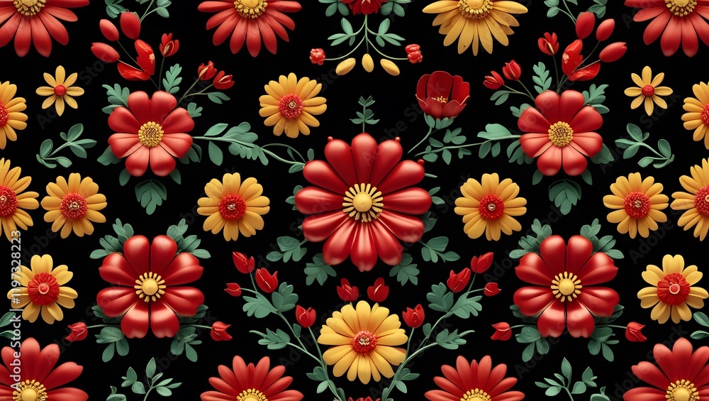 Seamless 3D Red and Yellow Floral Pattern Against a Dark Black Background
Seamless 3D Red and Yellow Floral Pattern Against a Dark Black Background