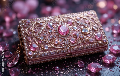 Picture of a luxury women's wallet decorated with pink diamonds that looks luxurious and trendy photo