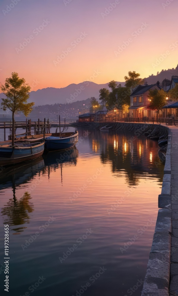 A tranquil evening stroll along the waterfront, calm waters, dock lights, sunset view
