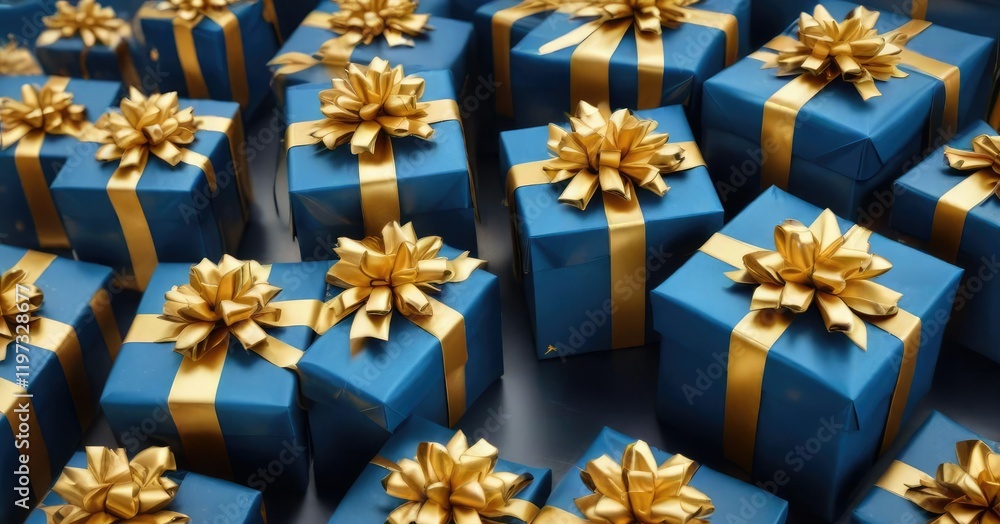 A beautifully arranged stack of colorful presents all wrapped in identical blue and gold paper, topped with elaborate golden bows , blue, decorations , festive A beautifully arranged stack of colorful presents all wrapped in identical blue and gold paper, topped with elaborate golden bows , blue, decorations , festive