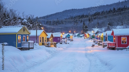 Colorful Winter Cottages Line Snowy Village Street photo