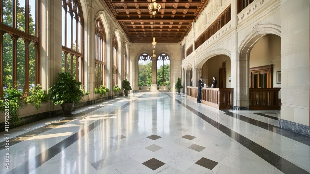 Fototapeta premium A spacious, elegantly designed hall with large windows, intricate wooden beams, and polished floors, surrounded by greenery.