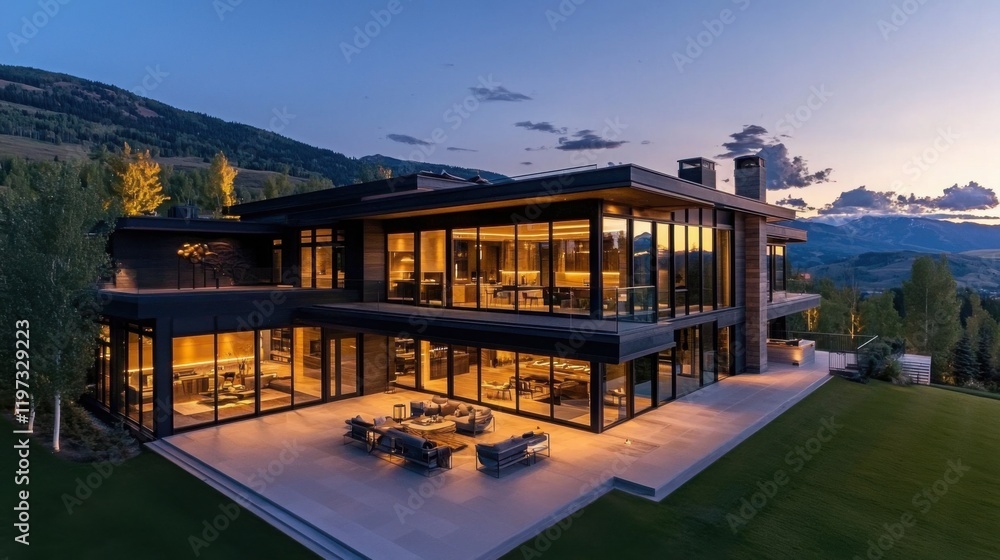 Fototapeta premium A modern, luxurious house with large glass windows and a scenic view, illuminated at dusk, showcasing contemporary architecture and landscaping.