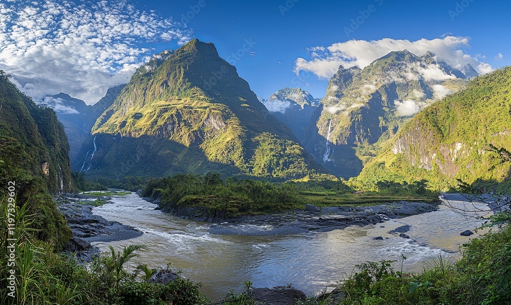 Fototapeta premium River flowing through green valley with towering mountains and waterfalls under a blue sky