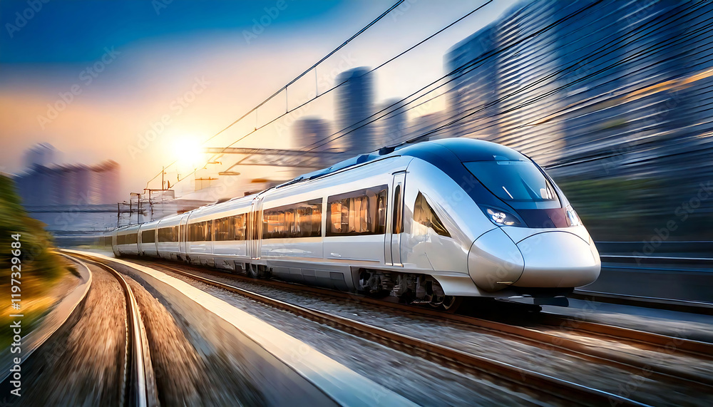 Naklejka premium High-speed train speeding through city at sunset. Dynamic motion blur captures the energy of modern travel and urban landscapes. Perfect for transportation, technology, and speed themes.