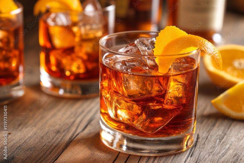A classic Negroni served in a short, crystal-cut glass filled with clear ice cubes, garnished with an orange twist.Vermouth drink.Negroni.Classic negroni.Gin cocktail.Campari cocktail. A classic Negroni served in a short, crystal-cut glass filled with clear ice cubes, garnished with an orange twist.Vermouth drink.Negroni.Classic negroni.Gin cocktail.Campari cocktail.