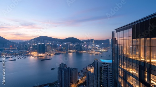 A stunning twilight view of a city skyline reflecting on water, showcasing modern architecture and a serene atmosphere.