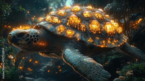 Luminous sea turtle carrying glowing bioluminescent mushrooms in an underwater fantasy forest. photo