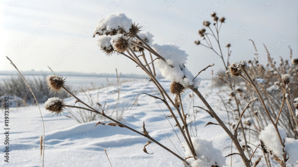 Obraz premium A bed of dry cocklebur thorns blanketed with a layer of snow, frozen foliage, snow, winter wonderland, frosty, winter landscape