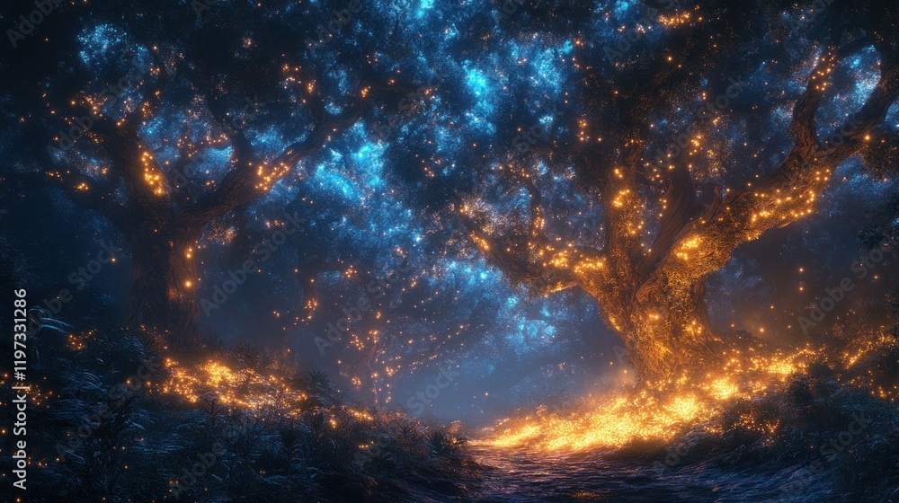 Enchanting forest path with glowing trees and fireflies at night. Enchanting forest path with glowing trees and fireflies at night.