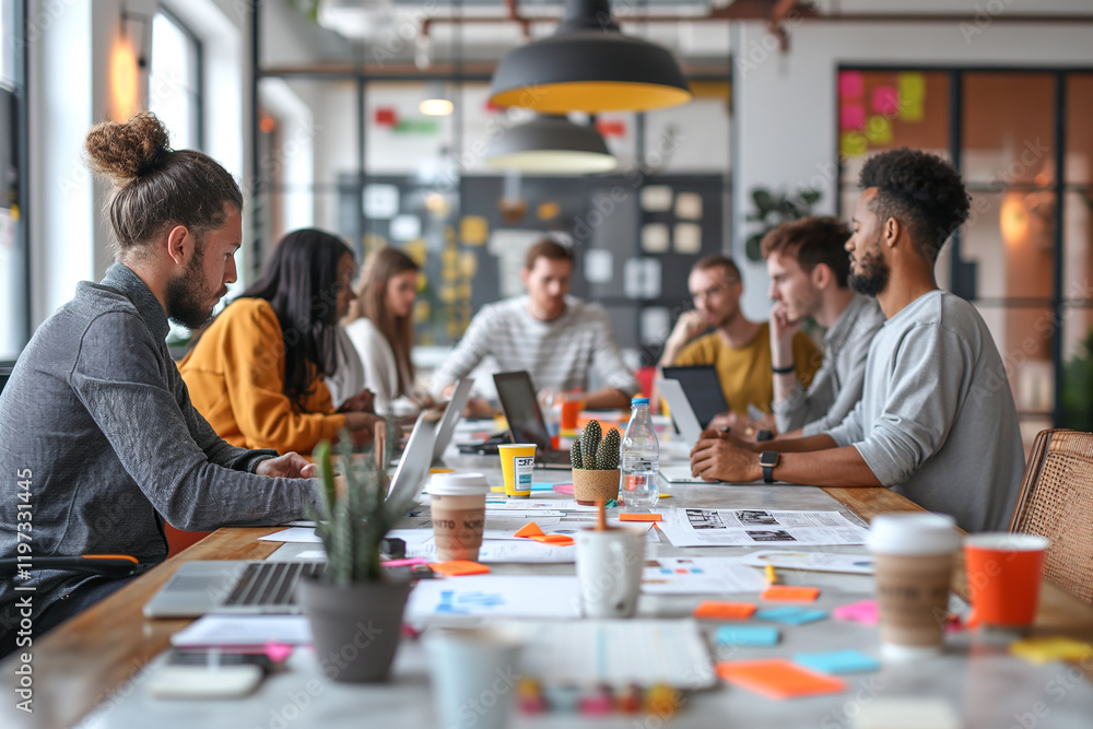A group of people are sitting around a table in a conference room A group of people are sitting around a table in a conference room