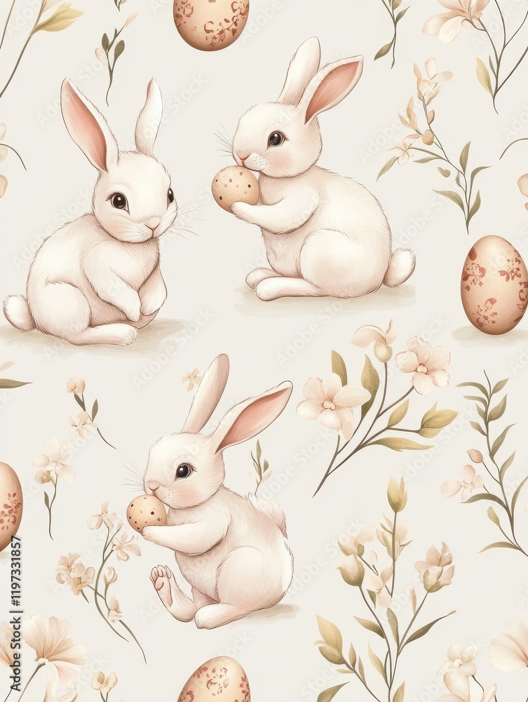 Fototapeta premium Easter bunny seamless pattern. Toddler bunnies, spring flourish festive background. Rabbit with eggs and flowers, cartoon hare decent vector print design