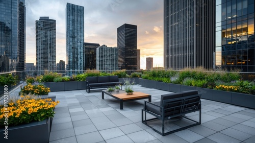 Wallpaper Mural A modern rooftop terrace with stylish furniture, greenery, and a city skyline backdrop, perfect for relaxation and social gatherings. Torontodigital.ca