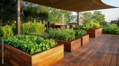 A serene outdoor garden with wooden planter boxes filled with lush greenery, sheltered under a shade, perfect for urban gardening.