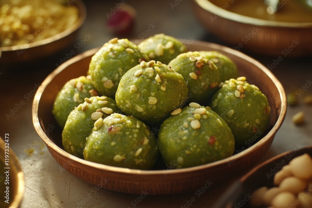 A collection of green laddus, a traditional Indian sweet made with spices and nuts, presented on a tray. A collection of green laddus, a traditional Indian sweet made with spices and nuts, presented on a tray.