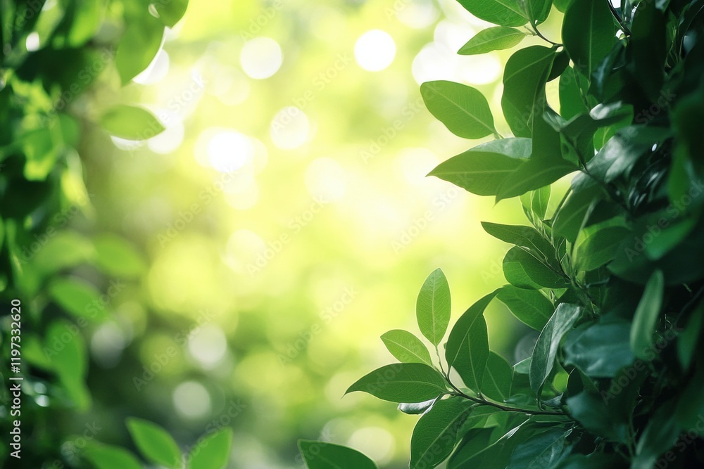 Obraz premium Lush green leaves framing a serene blurred background with ample space for text in nature setting. Generative AI