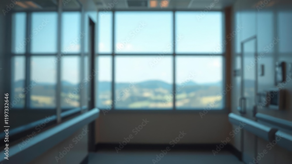 Fototapeta premium A blurred view of a hospital corridor with a large window in the foreground showing a natural landscape, blurred hospital corridor, natural landscape