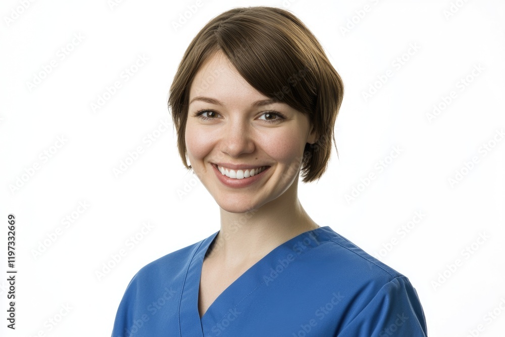Woman smiling in blue uniform, looking at the camera. She is a professional healthcare worker likely based at a hospital or clinic. Woman smiling in blue uniform, looking at the camera. She is a professional healthcare worker likely based at a hospital or clinic.