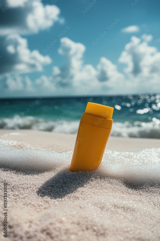 Yellow sunscreen bottle sitting on a white sandy beach by the ocean shoreline. Yellow sunscreen bottle sitting on a white sandy beach by the ocean shoreline.