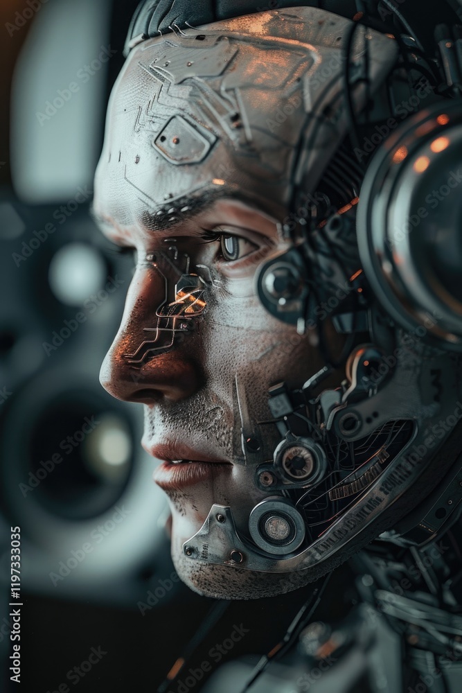 Sci-fi cybernetic human with mechanical face parts Sci-fi cybernetic human with mechanical face parts