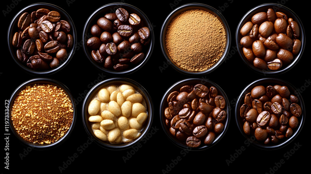 Coffee beans, sugar, studio shot, dark background, food Coffee beans, sugar, studio shot, dark background, food