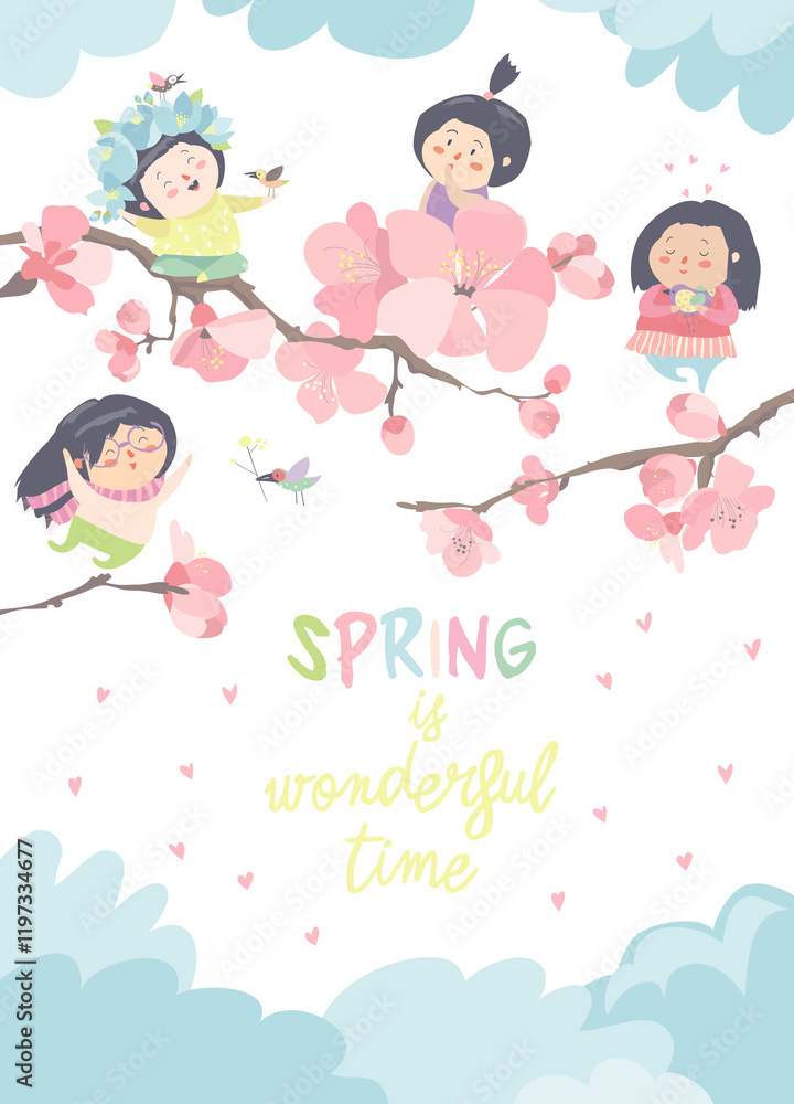 Cute little girls with cherry blossom. Vector greeting card Cute little girls with cherry blossom. Vector greeting card