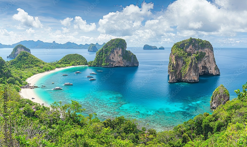 Fototapeta premium Tropical beach with turquoise water, boats, and islands under blue sky