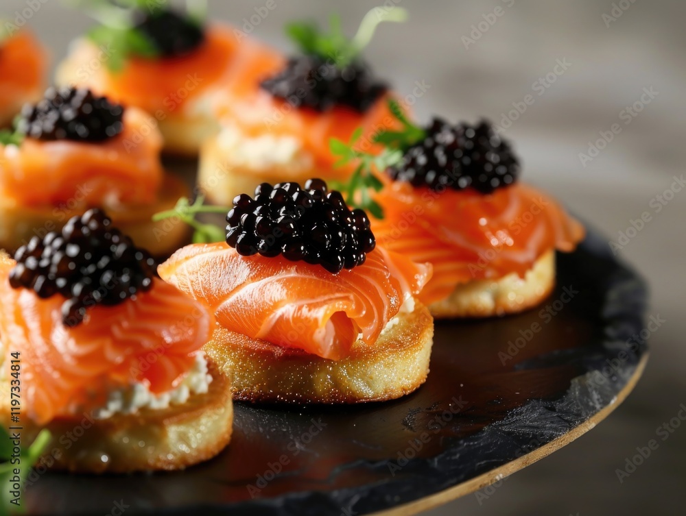 Decadent Russian appetizers featuring toasted bread triangles topped with creamy dip and black caviar. Decadent Russian appetizers featuring toasted bread triangles topped with creamy dip and black caviar.