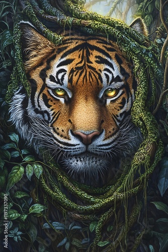 A tiger's eyes glowing as they blend into the dense jungle, the leaves and vines becoming its fur photo