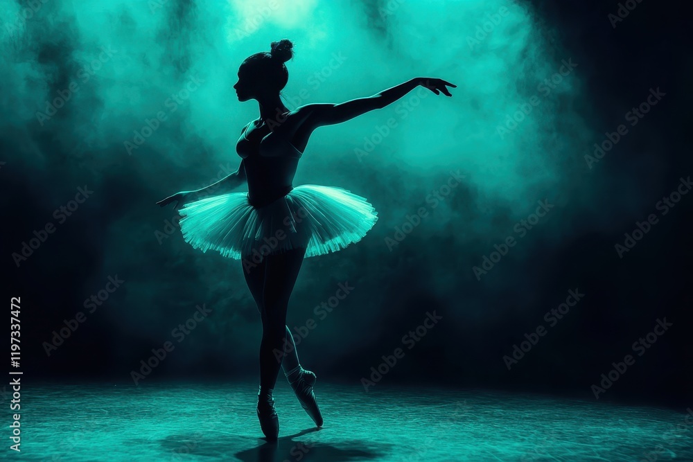 A graceful ballerina dances in a dimly lit atmosphere, surrounded by soft turquoise light and mist, showcasing elegance and beauty. A graceful ballerina dances in a dimly lit atmosphere, surrounded by soft turquoise light and mist, showcasing elegance and beauty.