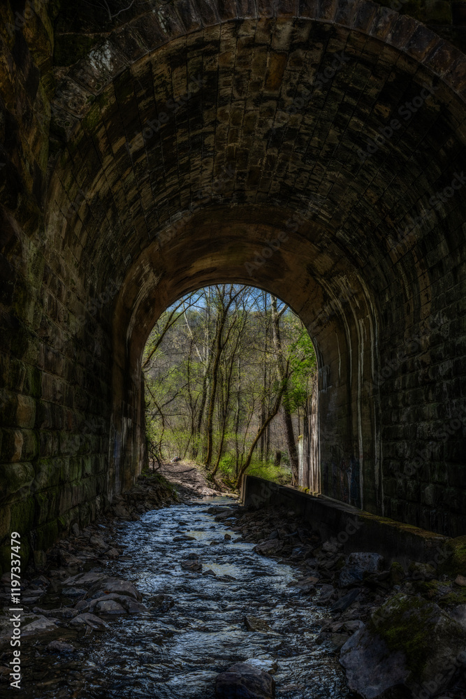the interior of a stone tunnel with an arched ceiling, through which a small stream flows. The tunnel is constructed with large, the interior of a stone tunnel with an arched ceiling, through which a small stream flows. The tunnel is constructed with large,