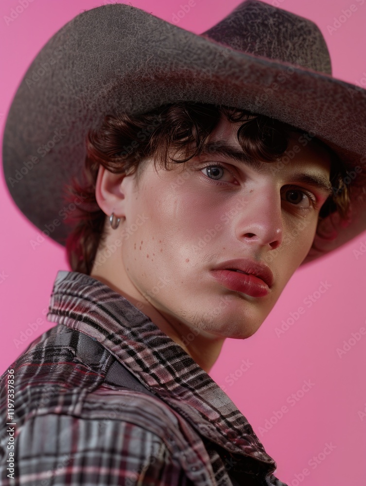 A young man in a cowboy hat and plaid shirt, exuding a modern take on western style. A young man in a cowboy hat and plaid shirt, exuding a modern take on western style.