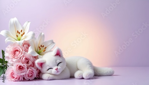 Wallpaper Mural Plush kitty with a peaceful expression resting beside lilies and pink carnations on a lavender background copy space Torontodigital.ca