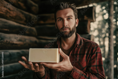 Bearded lumberjack presenting a block of handmade soap in his hands, standing in front of his log cabin photo