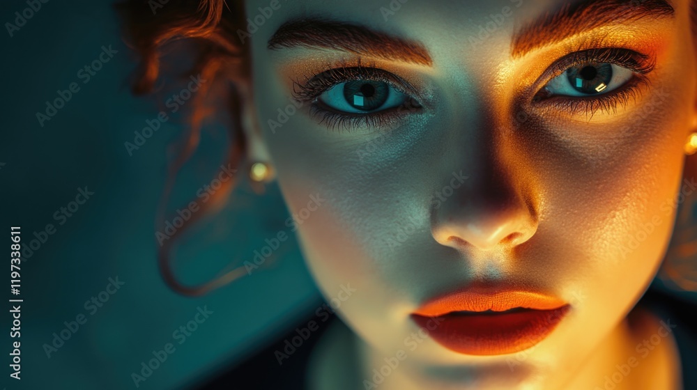 Close up of a woman with red lips and striking blue eyes. Close up of a woman with red lips and striking blue eyes.