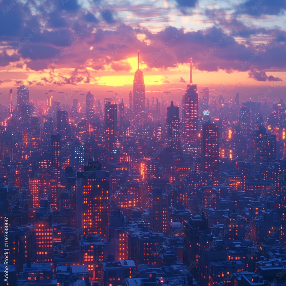 Fototapeta premium Futuristic city skyline at sunset, glowing buildings and hazy sky.